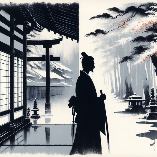 Minimalist Japanese ink style depiction of Akira Fudo showing his half-human half-demon form with gentle contrasts of light and shadow amidst sparse traditional elements.