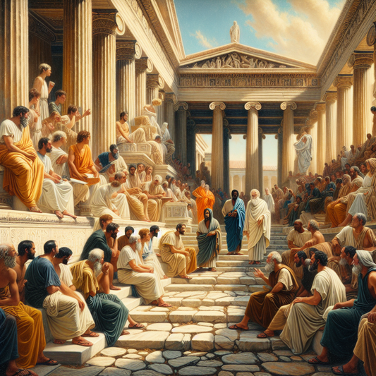 Ancient Athenian street with scholars engaged in philosophical debates, captured in the style of a classic historical film.
