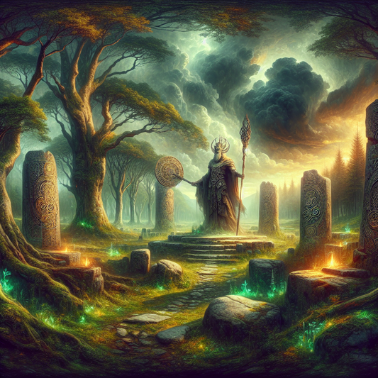 Ancient Celtic deity standing in a lush green forest holding a cauldron and club, surrounded by glowing Celtic symbols under a cloudy sky in the style of 1960s Roman historical epics.
