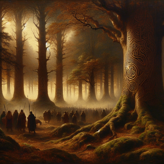 Misty ancient forest with Celtic symbols carved into trees, early morning light casting a mystical glow over tribal figures and nature, styled like a classic 1960s historical epic painting.