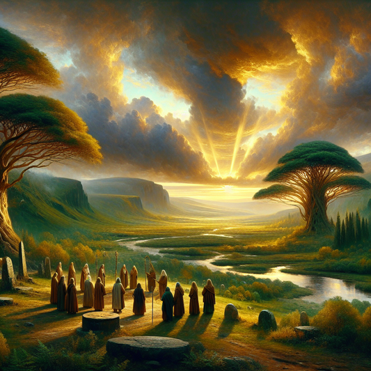 Ancient Celtic landscape with sacred groves, flowing rivers, misty hills, and druids performing a spiritual ceremony under a dramatic sunlit sky, inspired by 1960s historical epics.