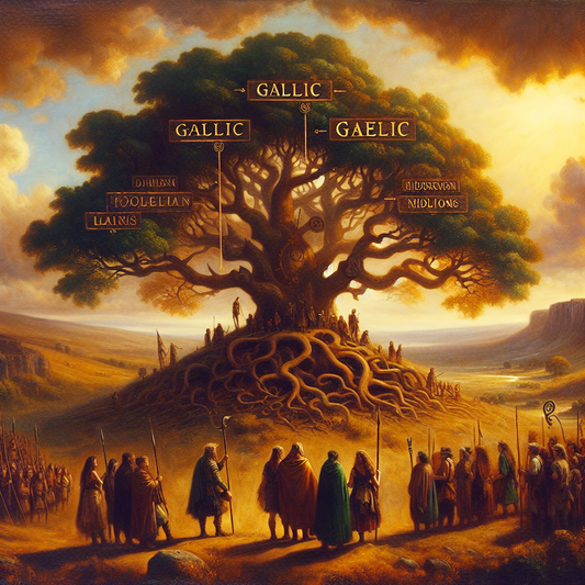 An ancient Celtic tree with two large branches labeled Gallic and Gaelic, set on a hill overlooking a warm-toned panoramic landscape of ancient Europe, painted in a realistic, cinematic 1960s epic style.
