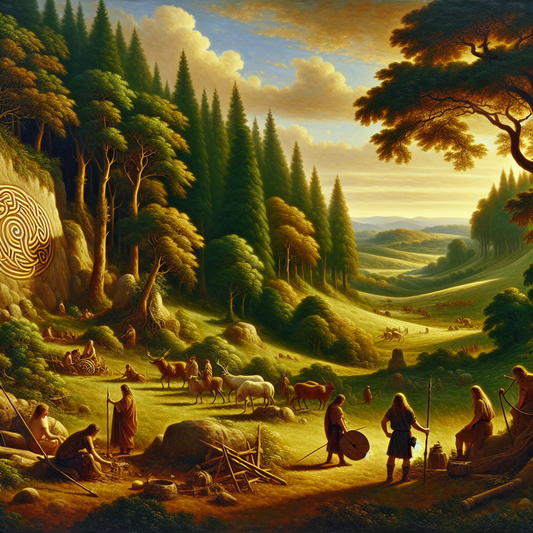Ancient Celtic tribesmen in natural attire working and standing amidst lush European forest and rolling hills, with symbolic Celtic knots and spirals carved into stones and earth, portrayed in a warm, painterly 1960s historical epic style.