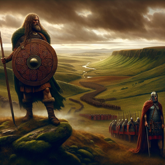 Ancient Celtic warrior standing on green hills in Gallia holding spear and shield, watching a distant Roman legion under dramatic clouds, in a cinematic 1960s historical epic style.