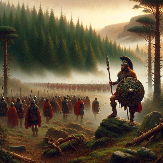 Ancient Celtic warrior standing in a misty forest overlooking rolling hills with distant Roman soldiers, symbolizing the cultural clash between Gauls and Romans, in the style of a 1960s Roman historical epic painting.