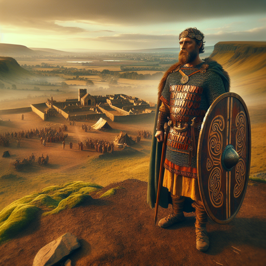 Ancient Celtic warrior standing strong with a Gaulish village and Roman military tents behind, under a faint map of ancient Gaul, painted in a style reminiscent of 1960s historical epics.