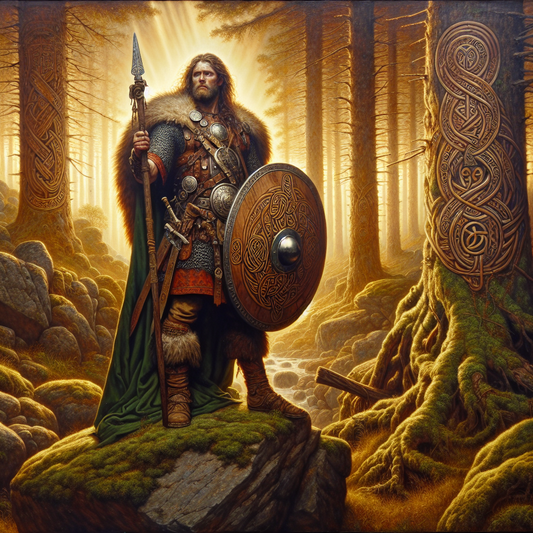 Ancient Celtic warrior adorned with traditional Gallic and Norse knot patterns, standing heroically in a sunlit mystical European forest.