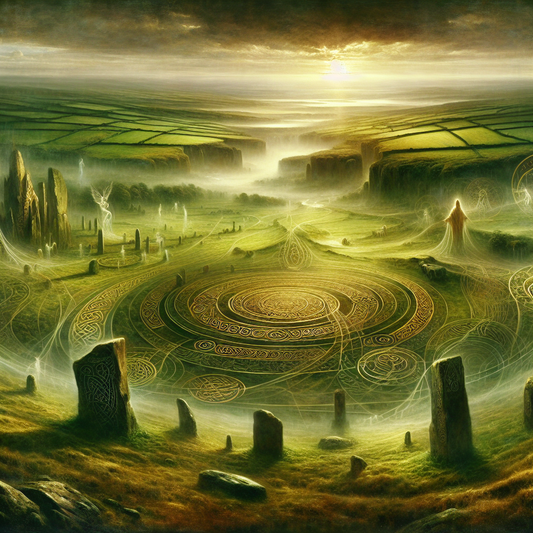 Misty Irish landscape with intertwined Celtic knotwork patterns, Gaelic script, and ghostly figures of legendary Gaelic gods in a cinematic painterly style reminiscent of 1960s historical epics.