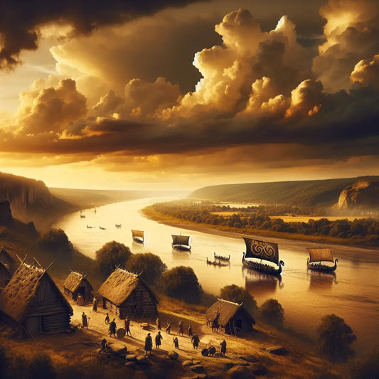 Panoramic ancient Germanic riverscape with Jastorf-style settlements and Viking longships sailing coastal waters beneath a dramatic cloudy sky, rendered in a warm cinematic historical painting style.