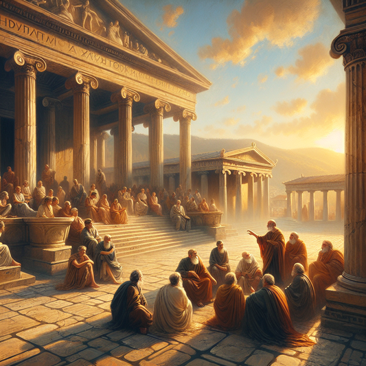 Philosophers discussing Stoicism near a painted porch in an ancient Greek agora, depicted in a warm, cinematic 1960s epic painting style.