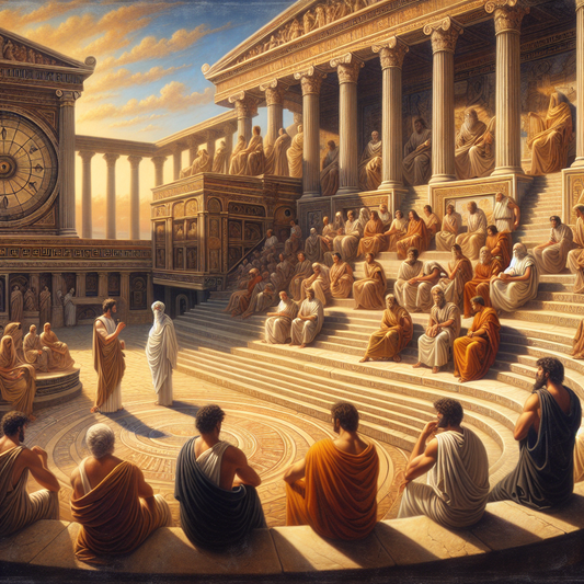 Aristotle and Zeno engaging in a philosophical debate in an ancient Greek amphitheater, surrounded by students and symbols of time.