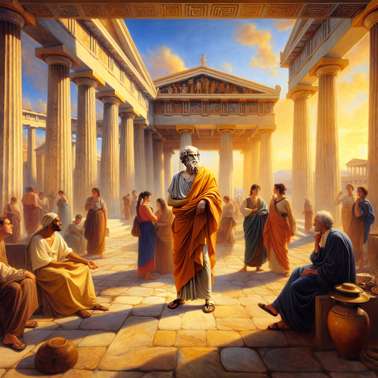 An ancient Greek philosopher like Socrates engaging in thoughtful dialogue in a sunlit outdoor public space surrounded by classical marble columns under a bright blue sky.