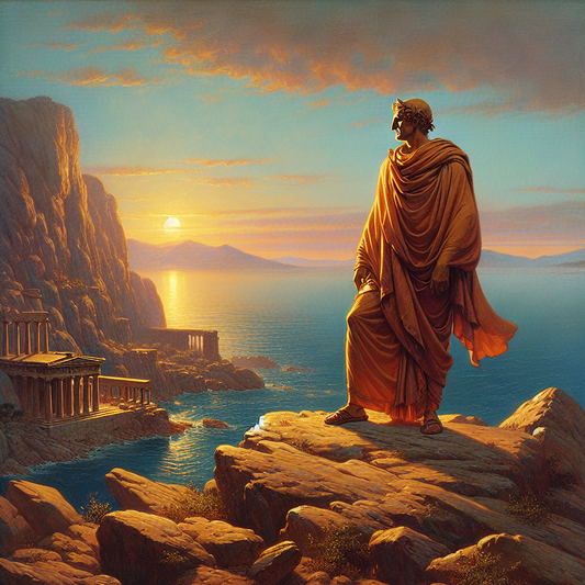 Ancient Greek philosopher in a flowing robe standing on a rocky cliff overlooking a calm sea at sunrise, captured in the cinematic, painterly style of 1960s historical epics.