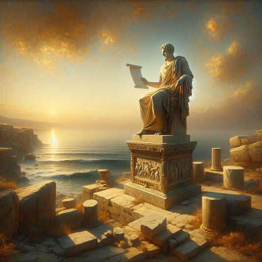 A painted depiction of an ancient Greek philosopher statue holding a scroll on a rocky coastal setting with calm sea waves in the background, inspired by 1960s historical epic cinema style.
