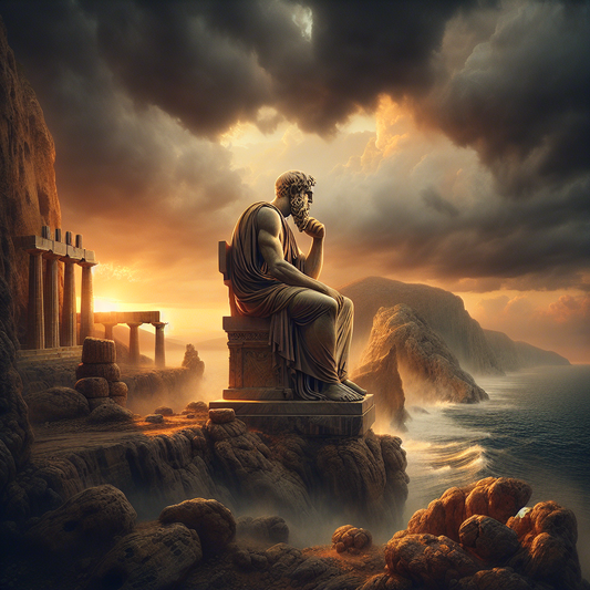 Statue of an ancient Greek philosopher seated contemplatively by the calm sea during a stormy sunset, symbolizing Stoic emotional resilience and acceptance of fate in a dramatic cinematic style.