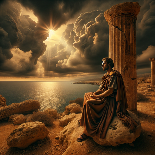 Ancient Greek philosopher in traditional himation standing peacefully on rocky coast with calm seas and stormy sky behind, symbolizing Stoic calm amid turmoil, painted in a cinematic 1960s historical epic style.