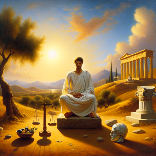 A serene ancient Greek philosopher meditates outdoors under olive trees with classical symbols of Stoic virtues around him, in a warm daylight cinematic style.