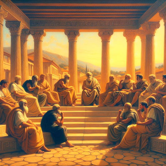 Ancient Greek stoic philosophers discussing under classical marble columns in a serene marketplace, bathed in warm daylight with a peaceful, spiritual atmosphere.