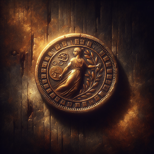 An aged electrum coin from ancient Lydia softly shining against a dark rustic background, symbolizing early currency and ancient trade.