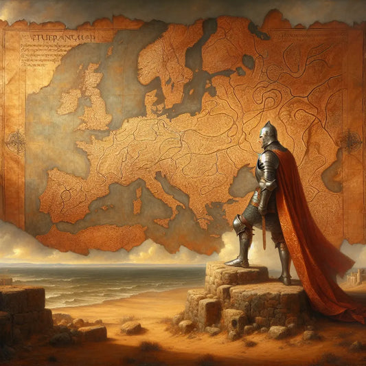 An ancient map detailing Germanic tribal migrations with a proud medieval knight in steel armor standing beside it, depicted in a warm, cinematic painting style.