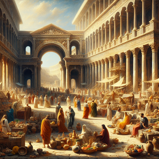 Ancient Mediterranean marketplace bustling with Roman, Greek, and diverse peoples exchanging goods and speaking different languages, set amidst Roman arches and Greek columns, in the style of classic 1960s historical epics.