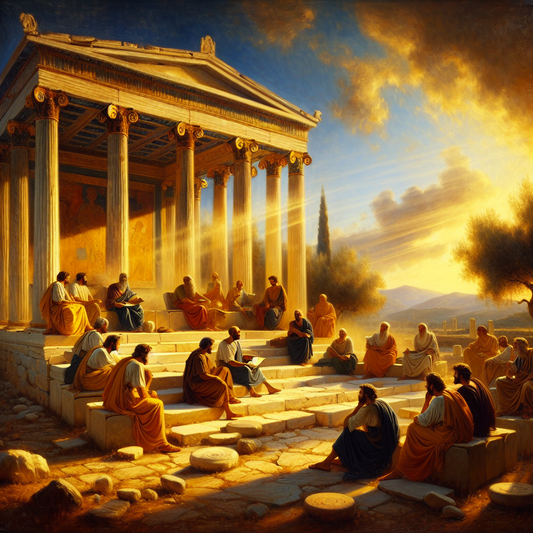 Ancient philosophers in togas discussing at the marble Stoa with classical columns, under warm daylight with serene hills in the background, in a 1960s Roman epic painting style.