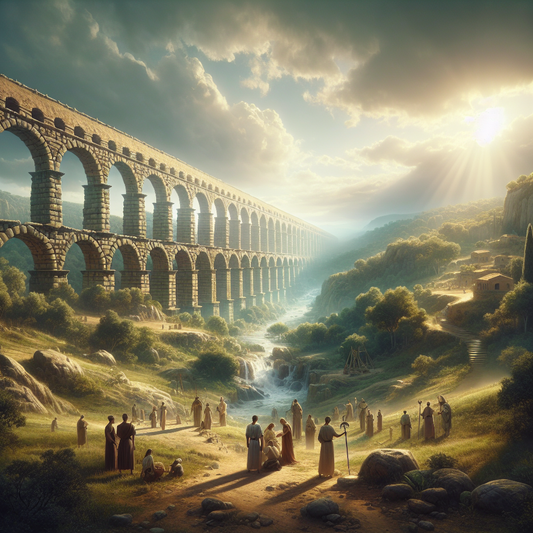 A panoramic cinematic painting of an ancient Roman stone aqueduct spanning a lush green valley under a clear blue sky, with Roman engineers inspecting the structure, in the style of 1960s historical epics.