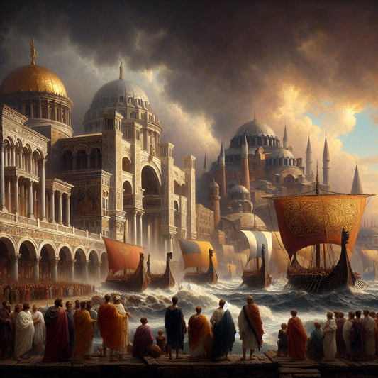 An expansive ancient Roman cityscape merging into Byzantine Constantinople with Viking ships on a stormy sea, depicted in the style of 1960s historical epic films.