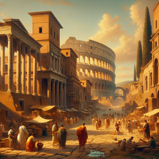 Panoramic view of ancient Roman city at golden hour featuring the Colosseum, aqueducts, temples, and citizens in togas, rendered in warm, painterly style.