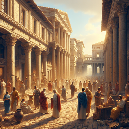 Ancient Roman city street bustling with toga-clad citizens among traditional stone architecture, warmly illuminated by golden sunlight, styled like a 1960s historical epic painting.