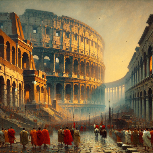 Ancient Roman cityscape at dawn showcasing the Colosseum, aqueducts, and Roman soldiers patrolling vibrant marble temples and bustling streets under a clear sky.