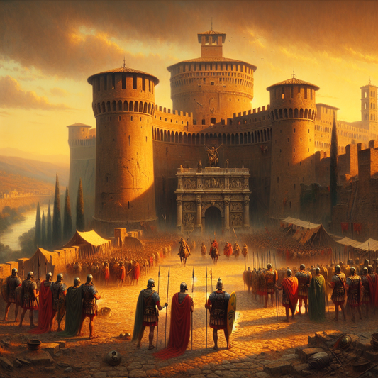 Ancient Roman cityscape with towering stone fortress walls under a dramatic golden sunset sky, highlighting Rome's resilience during Hannibal's time, inspired by 1960s historical epic paintings.