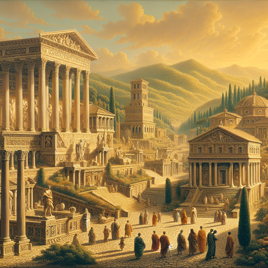 Ancient Roman cityscape with marble temples and arches blending into the lush Latium countryside under warm golden sunlight, representing Roman roots and Latino origins.