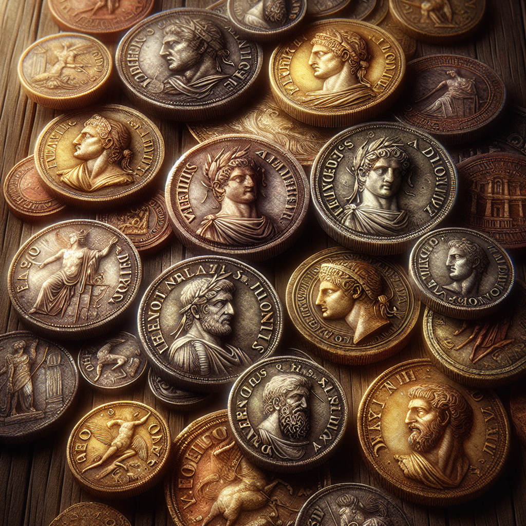 Close-up of ancient Roman coins including denarius, aureus, sestertius, dupondius, and as, showing detailed engravings and metal textures on a rustic wooden background evoking antiquity.