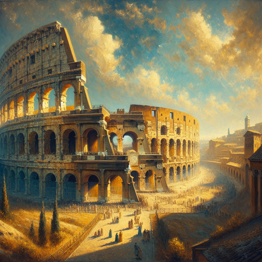 The ancient Roman Colosseum bathed in warm golden sunlight under a clear blue sky, bustling with visitors entering through its arches in a cinematic 1960s epic painting style.