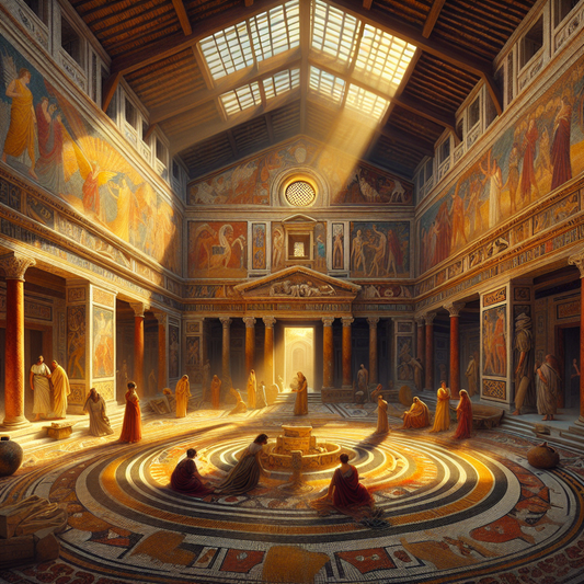 Sunlit ancient Roman domus courtyard with colorful frescoes and mosaic floors, surrounded by elegant rooms, capturing Roman architectural and social harmony.