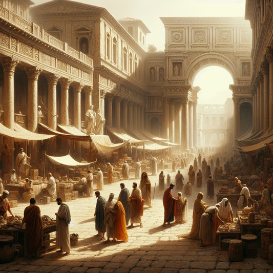 Ancient Roman marketplace bustling with men in flowing tunics and togas, marble statues prominently displayed, bathed in warm sunlight reflecting Roman culture and architecture.