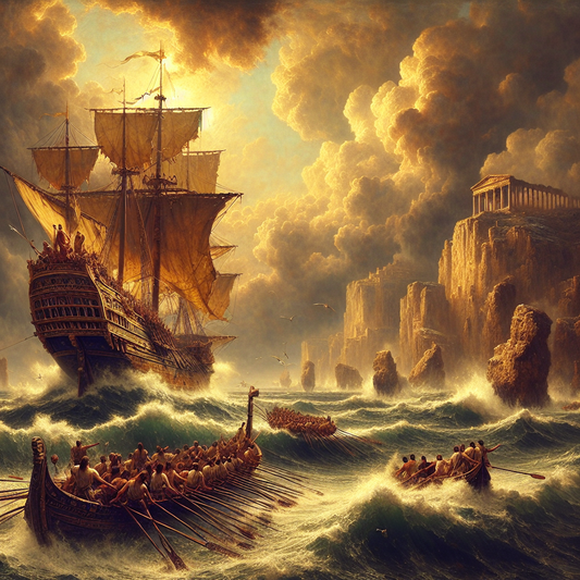 Ancient Roman ship braving stormy Mediterranean seas with crew in tunics, under dramatic cloudy sky symbolizing Stoic endurance and mental clarity inspired by Seneca.