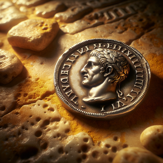 Close-up of an ancient Roman silver denarius coin with detailed emperor portrait and Latin inscriptions resting on a textured stone surface, in the style of 1960s Roman historical epics.