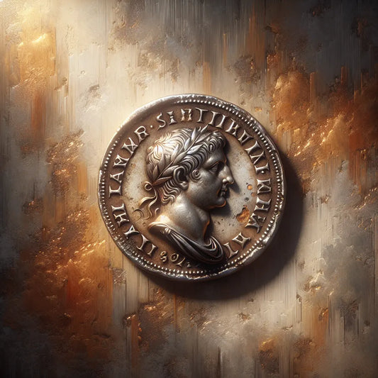 Close-up of an ancient Roman silver denarius coin showing a detailed engraved profile of an emperor and Latin inscriptions with a weathered patina, depicted in a painterly, historical epic style.