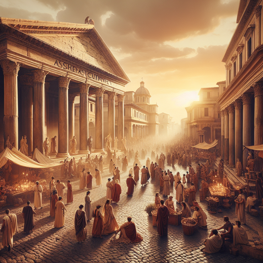 Ancient Roman street bustling with marketplace activity and citizens performing religious rituals near grand temples topped with statues of Jupiter and Venus, at sunset under a clear sky.