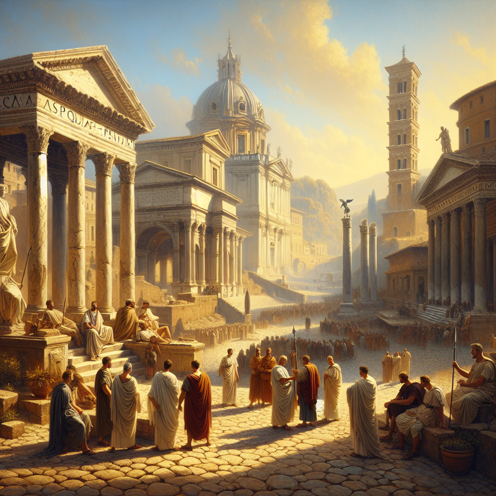 Ancient Roman street scene with monuments displaying SPQR inscriptions bathed in warm sunlight, reflecting Rome's historic political legacy in a cinematic style.