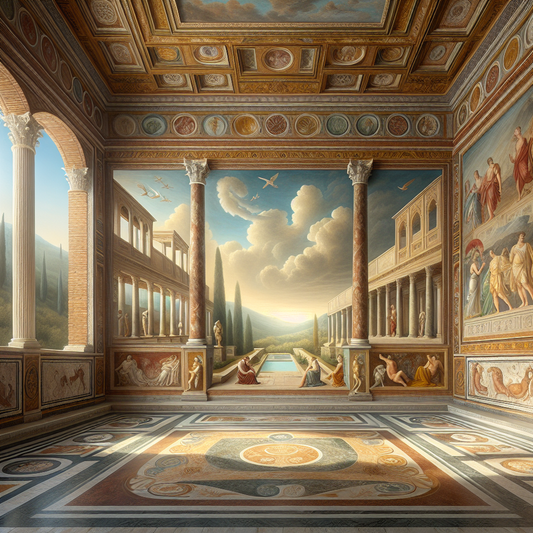 Interior of an ancient Roman villa with detailed frescoes showing all four Roman wall painting styles illuminated by warm natural light, rendered in the style of classic 1960s Roman historical films.