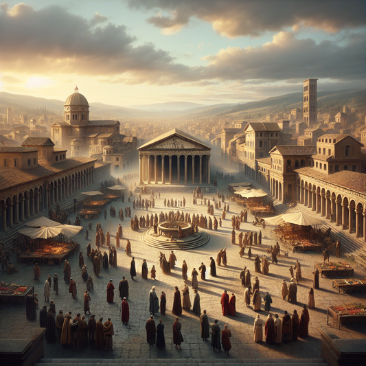 Panoramic view of ancient Rome's Roman Forum and Trajan's Market bathed in golden sunlight, featuring Roman citizens, merchants, and soldiers in traditional attire amid imperial architecture.