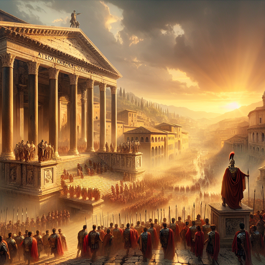 Panoramic view of ancient Rome at sunset showing the Roman Forum with marble temples and Roman legions marching, painted in the style of classic 1960s historical epics.