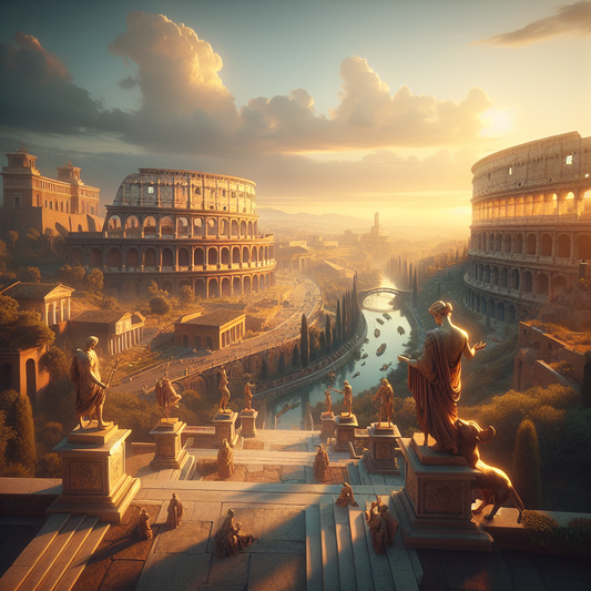 Panoramic view of ancient Rome at sunset with the Colosseum, Palatine Hill featuring the she-wolf statue, stretching aqueducts, and the Tiber River flowing through the city, painted in the style of 1960s Roman epic films.