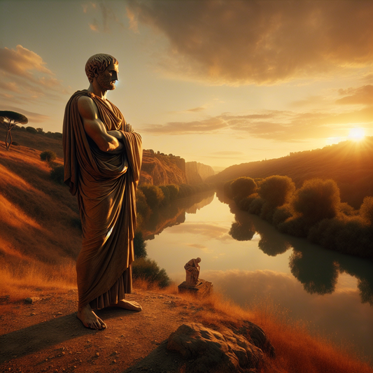 An ancient stoic philosopher in a simple toga reflects thoughtfully beside a warm sunset in serene natural surroundings, evoking timeless contemplation and the great equalizer of death.