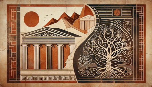 antikes relief mit berg olymp griechische tempel und yggdrasil weltenbaum steinerne gravur ruhige komposition