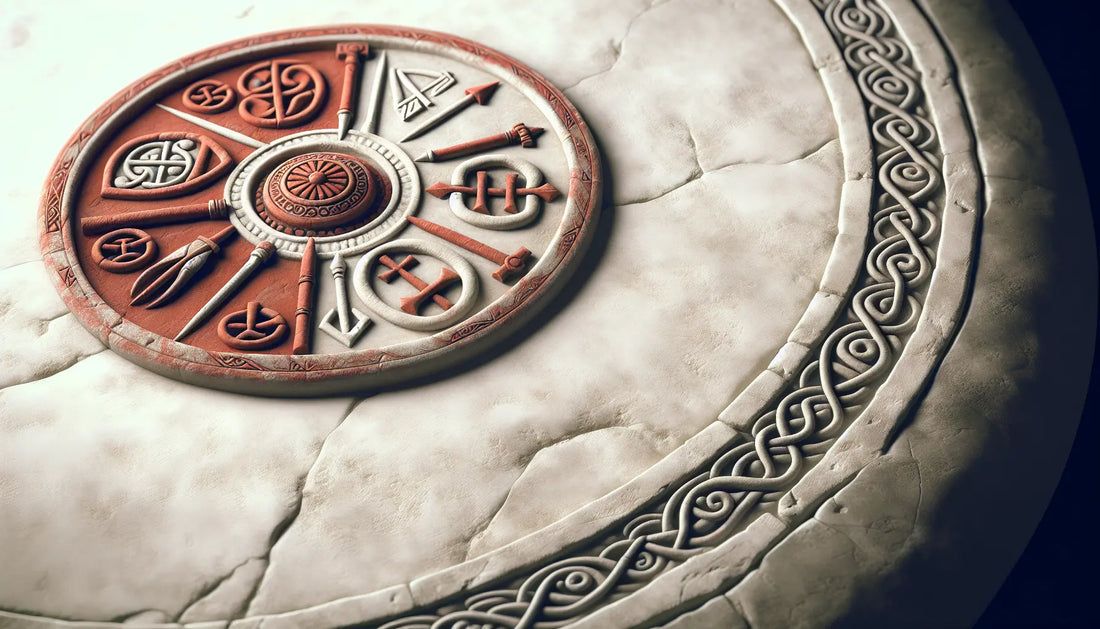 Detail eines roemisch inspirierten Steinschilds mit nordischen Kriegssymbolen in Ziegelrot auf hellem Stein