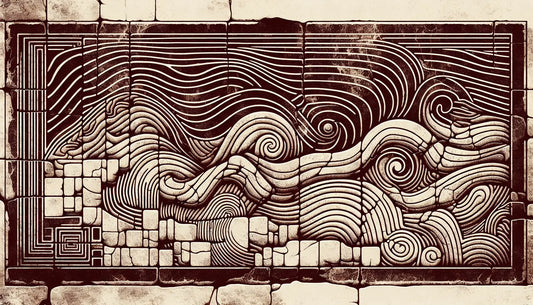 Steinrelief einer ruhigen Kuestenlinie mit Ziegelrot auf hellem steinfarbigem Hintergrund im antiken Stil